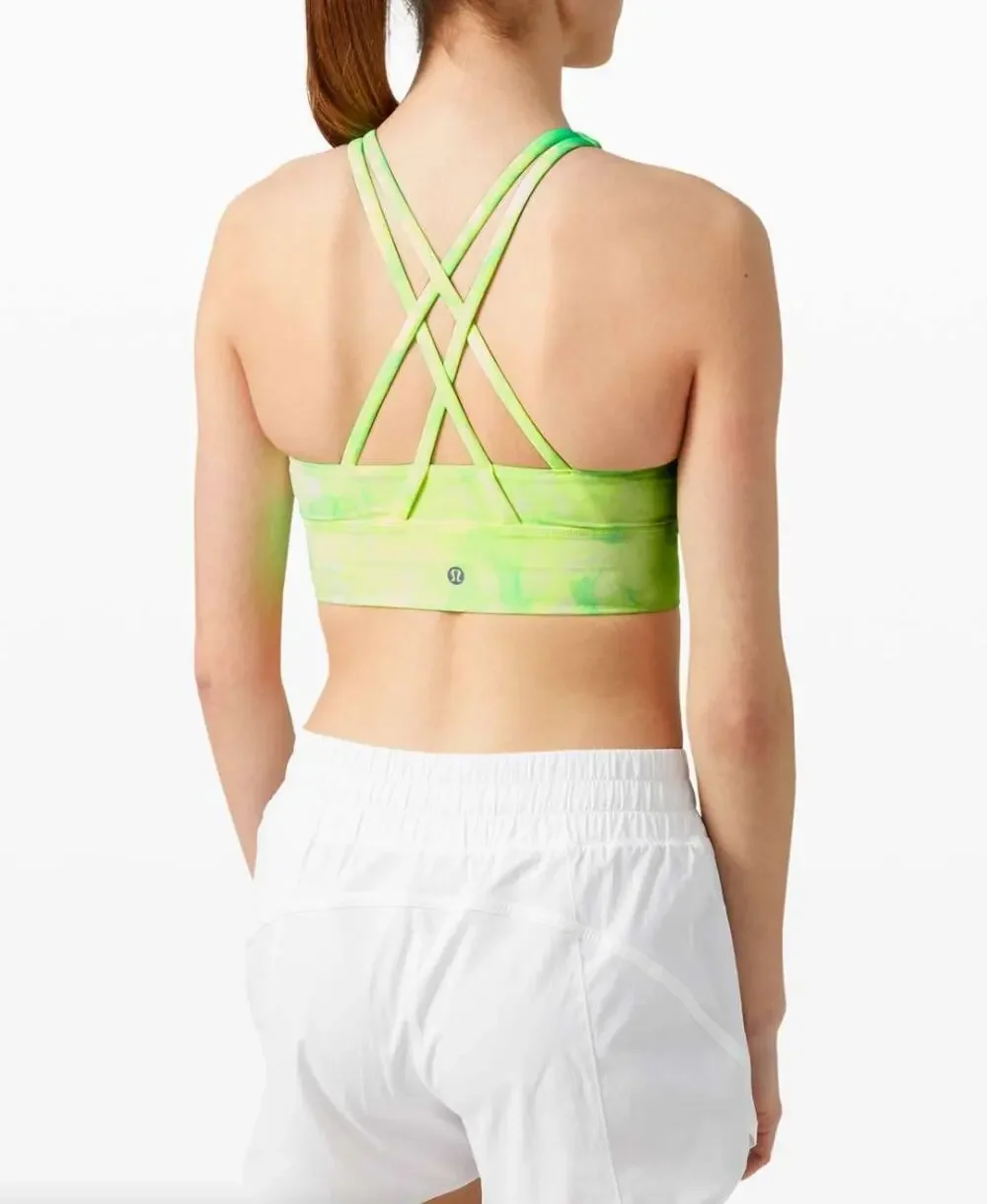 LULULEMON Energy Bra High Neck Long Line Shibori Highlight Green Yellow Sz 10